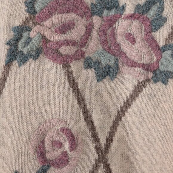 Wool Blend Embroidered Floral Cottagecore Sweater - Beige‎ Diamond Pattern - Picture 7 of 9